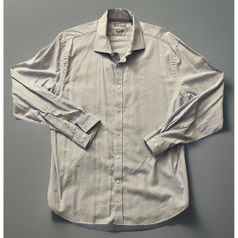 Michael Kors Long Sleeve Button Up Collared Shirt White Blue Check Slim XL JBHS